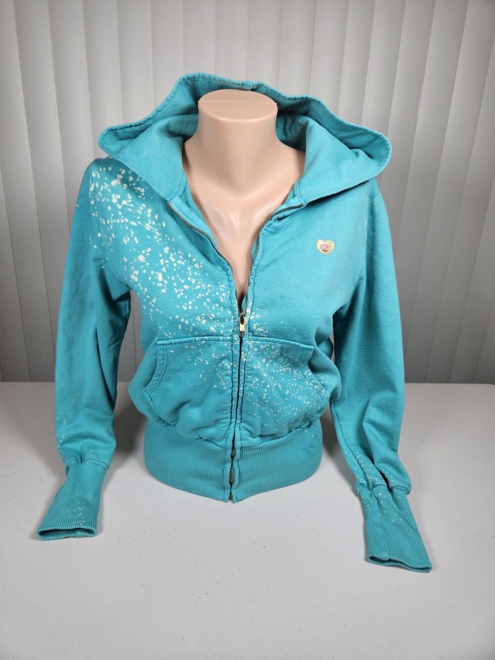 VTG Y2K Primp Roller Skate Zip Up Hoodie Teal Bleach Splatter Size Small